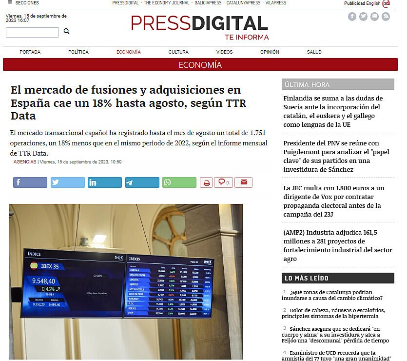 El mercado de fusiones y adquisiciones en Espaa cae un 18% hasta agosto, segn TTR Data